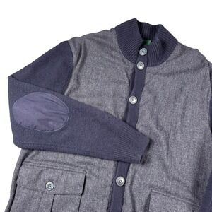 Alan‎ Paine Sweater Men 44 Herringbone Cardigan Wool Tweed Mock Neck Elbow Patch
